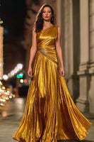 Laden Sie das Bild in den Galerie-Viewer, Glitzer Gold Metallic Geraffte Eine Schulter Langes Formelle Kleid