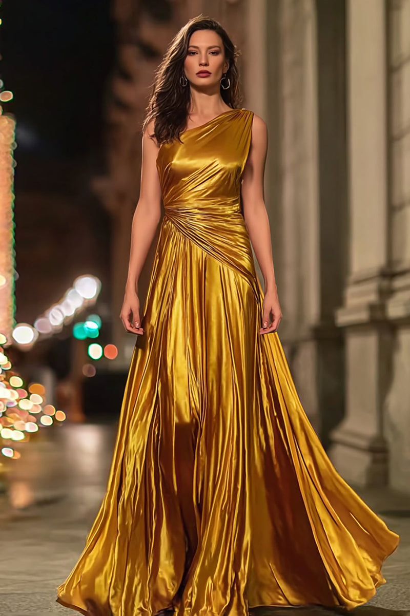 Laden Sie das Bild in den Galerie-Viewer, Glitzer Gold Metallic Geraffte Eine Schulter Langes Formelle Kleid