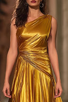 Laden Sie das Bild in den Galerie-Viewer, Glitzer Gold Metallic Geraffte Eine Schulter Langes Formelle Kleid