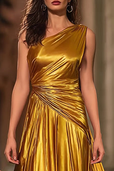 Glitzer Gold Metallic Geraffte Eine Schulter Langes Formelle Kleid