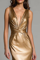 Laden Sie das Bild in den Galerie-Viewer, Glitzer Gold Tiefer V-Ausschnitt Metallic Langes Formelle Kleid
