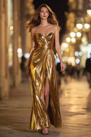 Laden Sie das Bild in den Galerie-Viewer, Glitzer Gold Herz-Ausschnitt Metallic Langes Formelle Kleid mit Schlitz