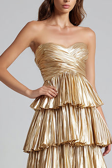 Glitzer Gold Herz-Ausschnitt Metallic Plissiert Rüschen Langes Formelle Kleid