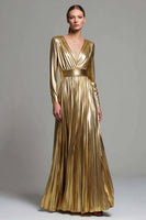 Laden Sie das Bild in den Galerie-Viewer, Glitzer Gold Metallic Plissiert V-Ausschnitt Langes Ärmel A-Linie Langes Formelle Kleid