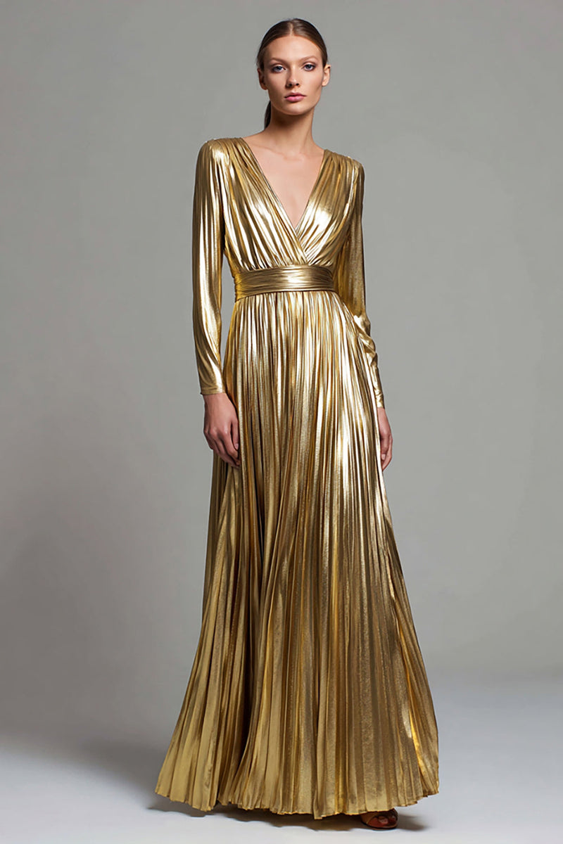 Laden Sie das Bild in den Galerie-Viewer, Glitzer Gold Metallic Plissiert V-Ausschnitt Langes Ärmel A-Linie Langes Formelle Kleid
