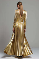 Laden Sie das Bild in den Galerie-Viewer, Glitzer Gold Metallic Plissiert V-Ausschnitt Langes Ärmel A-Linie Langes Formelle Kleid