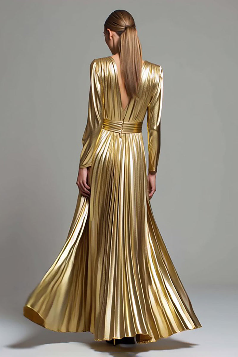 Laden Sie das Bild in den Galerie-Viewer, Glitzer Gold Metallic Plissiert V-Ausschnitt Langes Ärmel A-Linie Langes Formelle Kleid