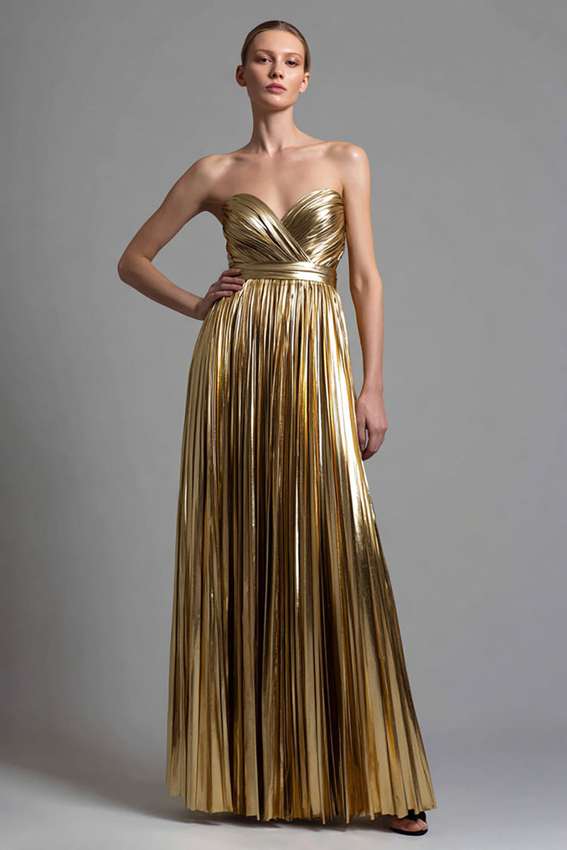 Laden Sie das Bild in den Galerie-Viewer, Glitzer Gold Metallic Plissiert Herz-Ausschnitt A-Linie Langes Formelle Kleid