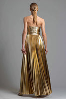 Laden Sie das Bild in den Galerie-Viewer, Glitzer Gold Metallic Plissiert Herz-Ausschnitt A-Linie Langes Formelle Kleid