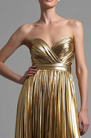 Laden Sie das Bild in den Galerie-Viewer, Glitzer Gold Metallic Plissiert Herz-Ausschnitt A-Linie Langes Formelle Kleid