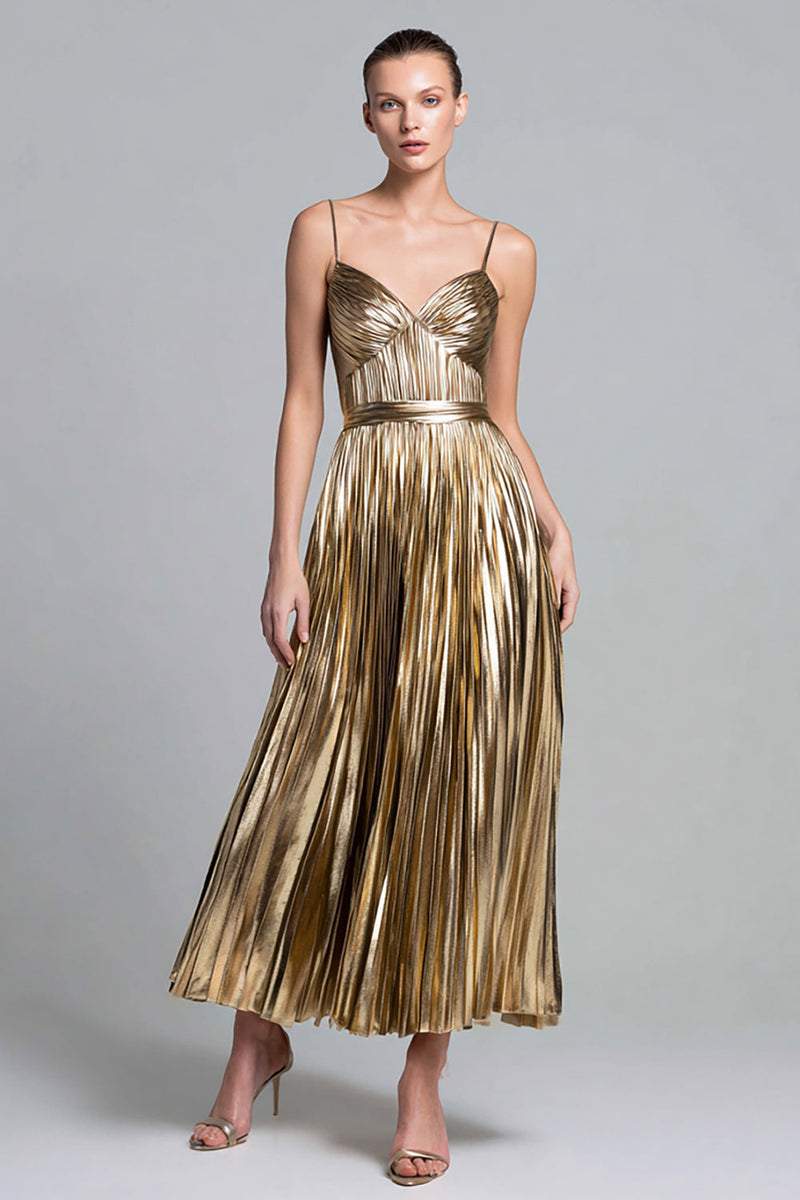 Laden Sie das Bild in den Galerie-Viewer, Glitzer Gold Spaghettiträger Metallic Plissiert A-Linie Langes Formelle Kleid