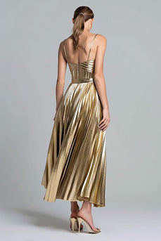 Glitzer Gold Spaghettiträger Metallic Plissiert A-Linie Langes Formelle Kleid