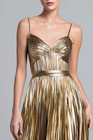 Laden Sie das Bild in den Galerie-Viewer, Glitzer Gold Spaghettiträger Metallic Plissiert A-Linie Langes Formelle Kleid