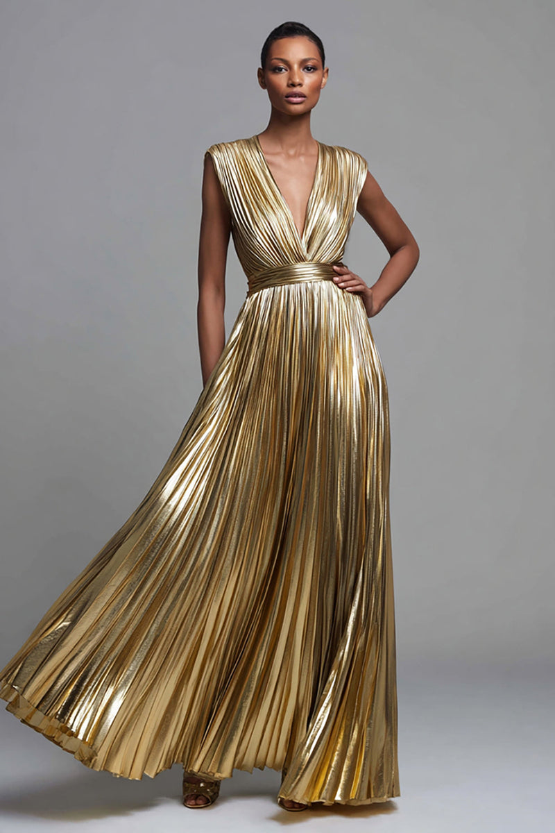 Laden Sie das Bild in den Galerie-Viewer, Glitzer Gold Tiefer V-Ausschnitt Metallic Plissiert A-Linie Langes Formelle Kleid