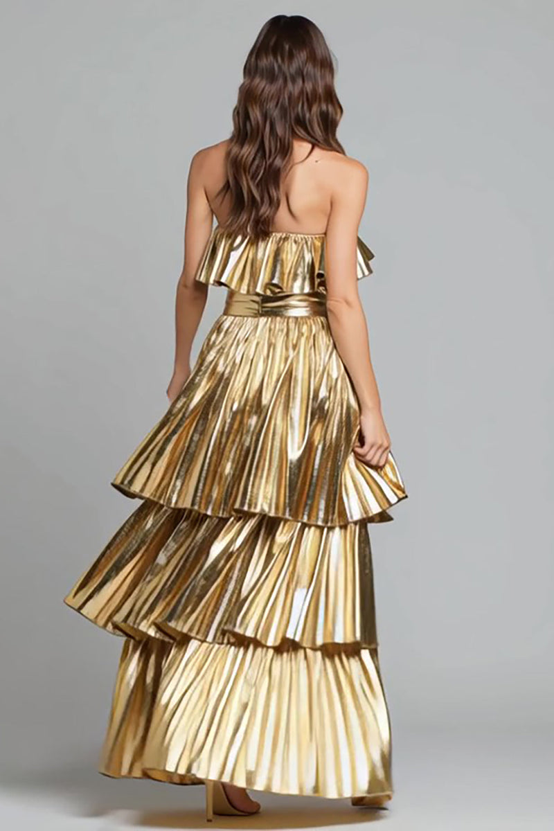 Laden Sie das Bild in den Galerie-Viewer, Glitzer Gold Metallic Plissiert Rüschen A-Linie Langes Formelle Kleid
