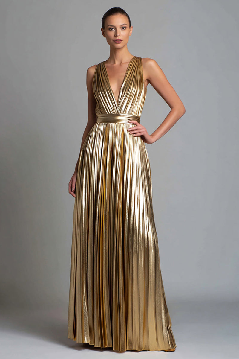 Laden Sie das Bild in den Galerie-Viewer, Glitzer Gold A-Linie Metallic Plissiert V-Ausschnitt Langes Formelle Kleid