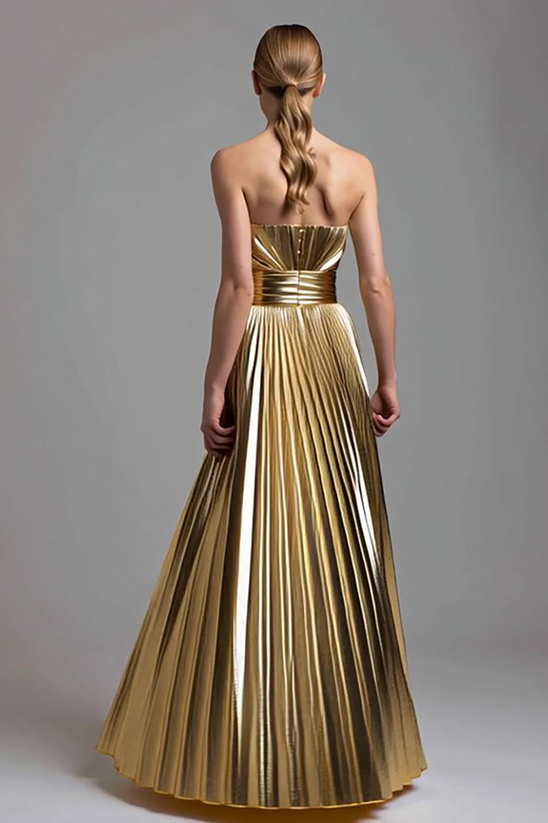 Laden Sie das Bild in den Galerie-Viewer, Glitzer Gold A-Linie Metallic Plissiert Trägerlos Langes Formelle Kleid