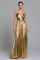 Laden Sie das Bild in den Galerie-Viewer, Glitzer Gold A-Linie Metallic Plissiert Spaghettiträger Langes Formelle Kleid