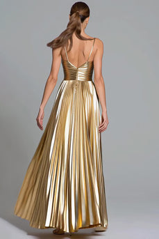 Glitzer Gold A-Linie Metallic Plissiert Spaghettiträger Langes Formelle Kleid