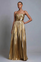 Laden Sie das Bild in den Galerie-Viewer, Glitzer Gold Trägerlos A-Linie Metallic Plissiert Langes Formelle Kleid