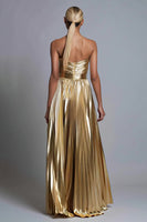 Laden Sie das Bild in den Galerie-Viewer, Glitzer Gold Trägerlos A-Linie Metallic Plissiert Langes Formelle Kleid