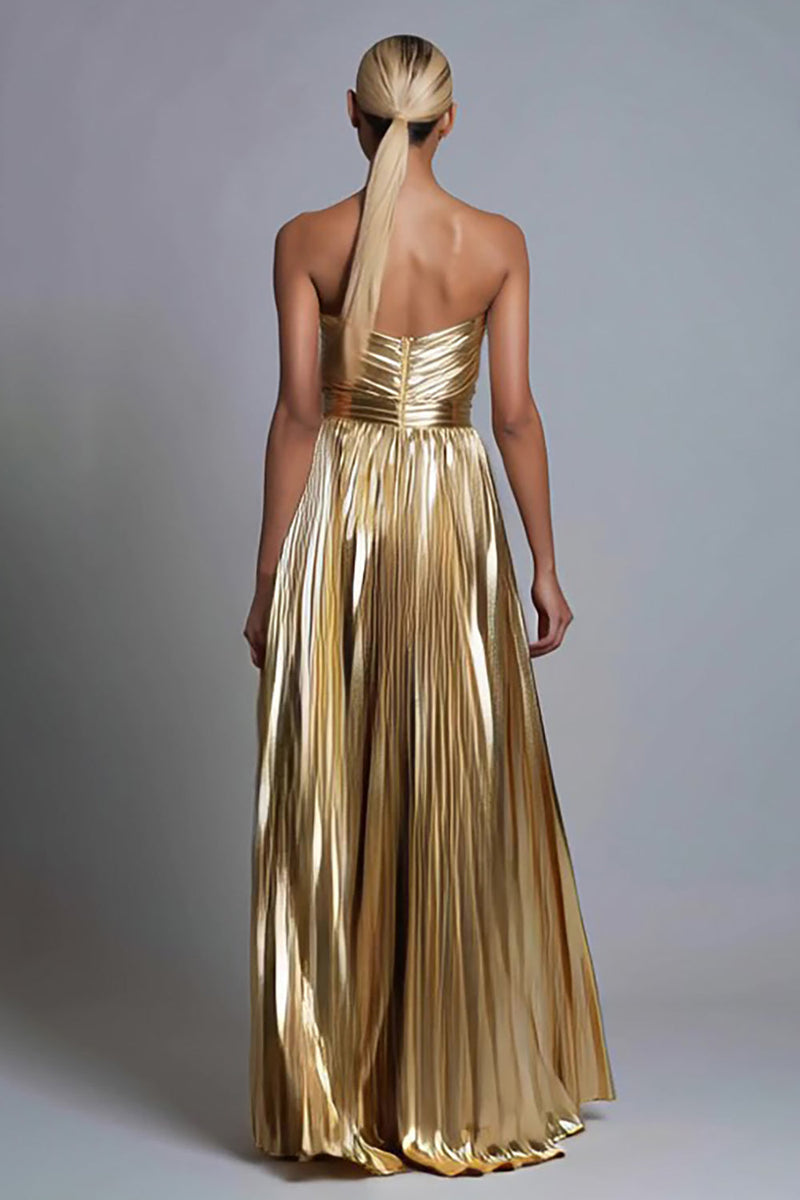 Laden Sie das Bild in den Galerie-Viewer, Glitzer Gold Trägerlos A-Linie Metallic Plissiert Langes Formelle Kleid