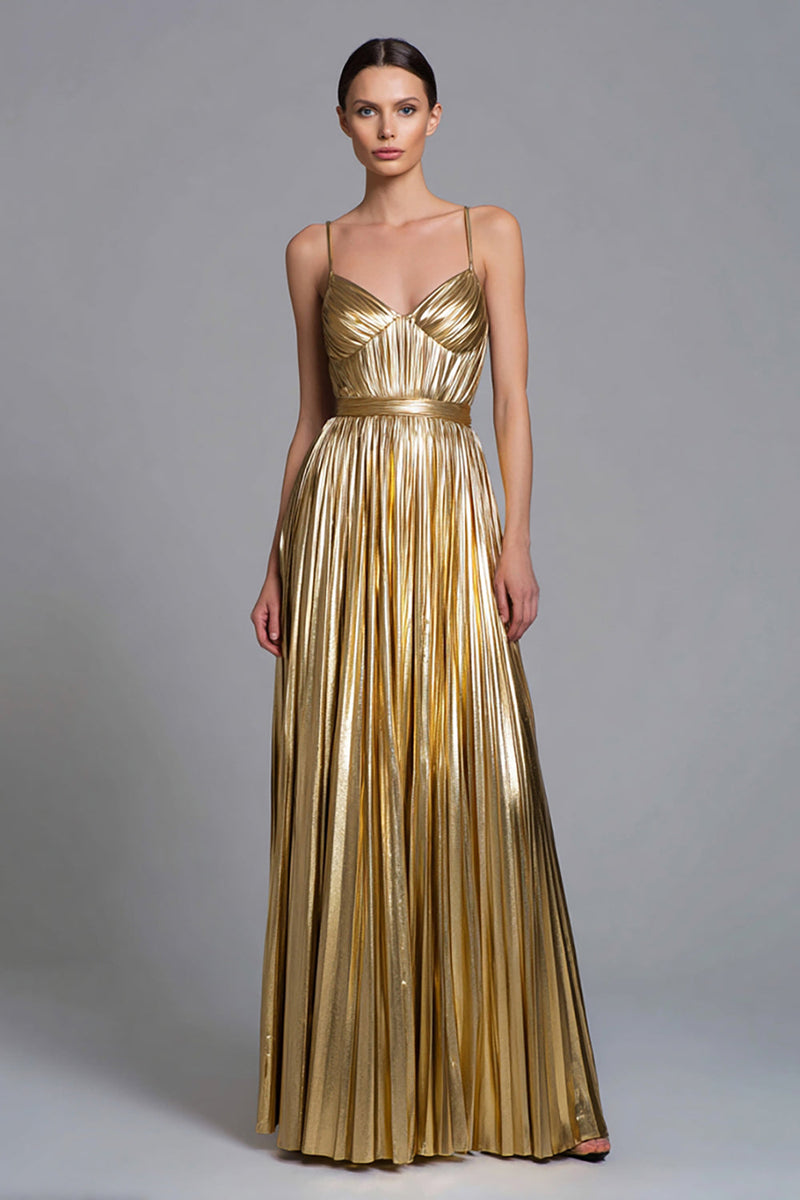 Laden Sie das Bild in den Galerie-Viewer, Glitzer Gold A-Linie Metallic Plissiert Langes Formelle Kleid