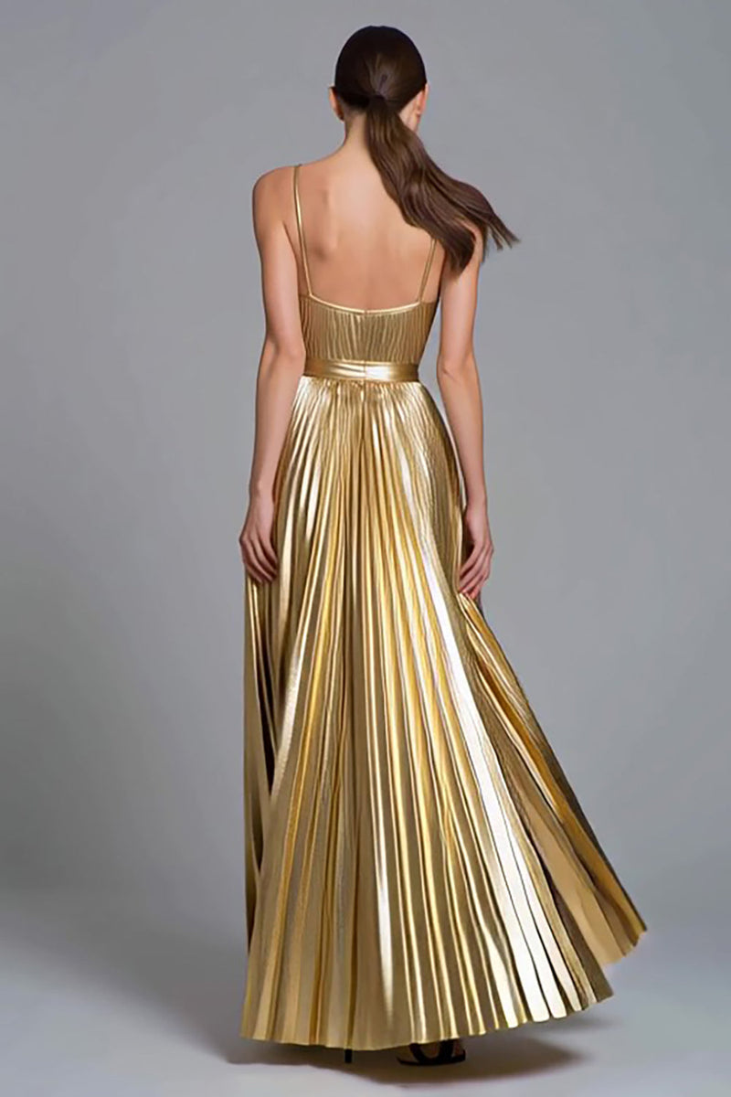 Laden Sie das Bild in den Galerie-Viewer, Glitzer Gold A-Linie Metallic Plissiert Langes Formelle Kleid