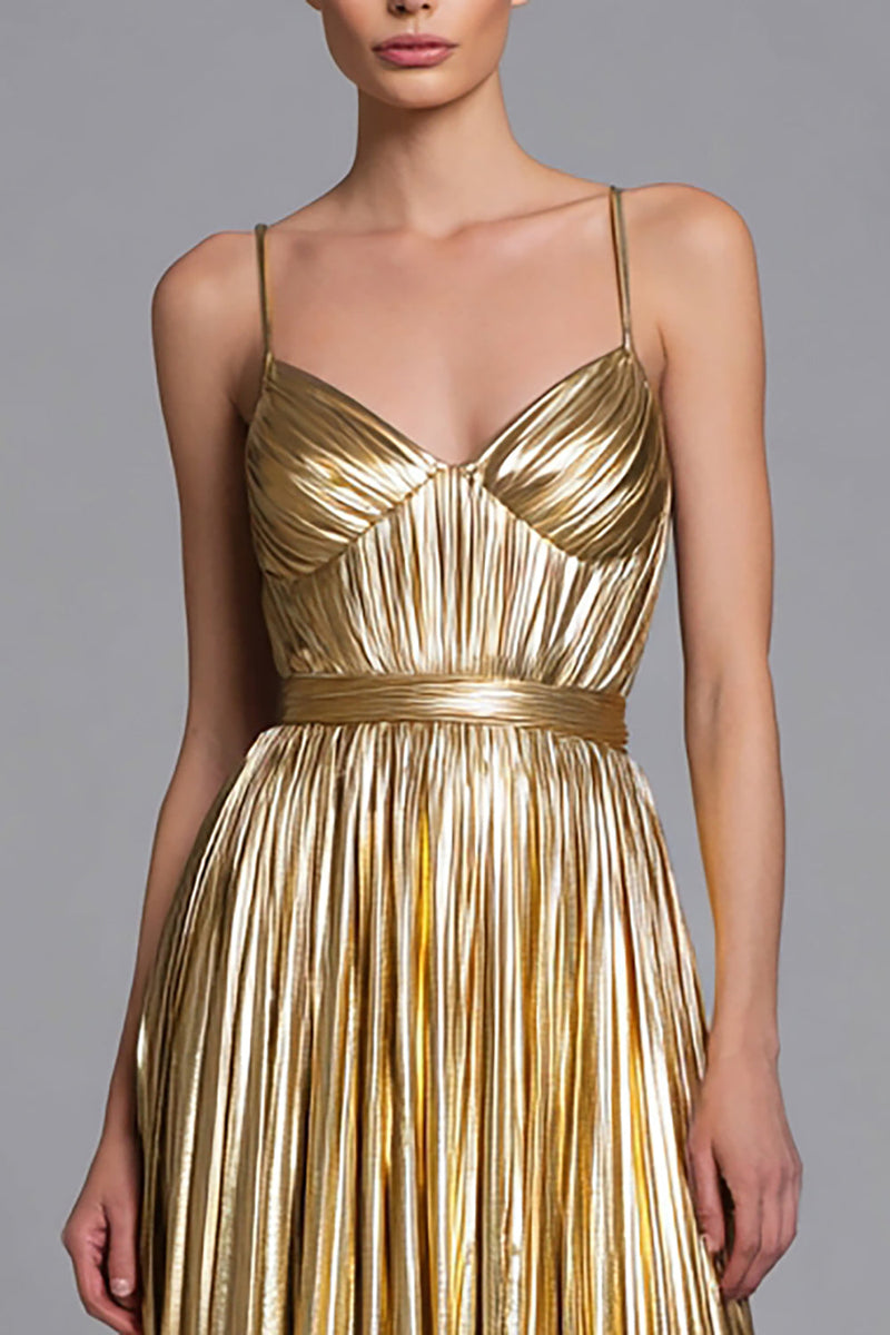 Laden Sie das Bild in den Galerie-Viewer, Glitzer Gold A-Linie Metallic Plissiert Langes Formelle Kleid