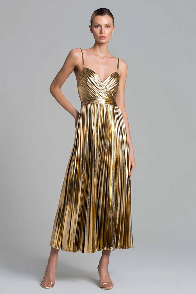 Laden Sie das Bild in den Galerie-Viewer, Glitzer Gold Metallic Plissiert A-Linie Knöchellänge Formelle Kleid