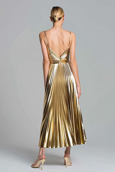 Glitzer Gold Metallic Plissiert A-Linie Knöchellänge Formelle Kleid