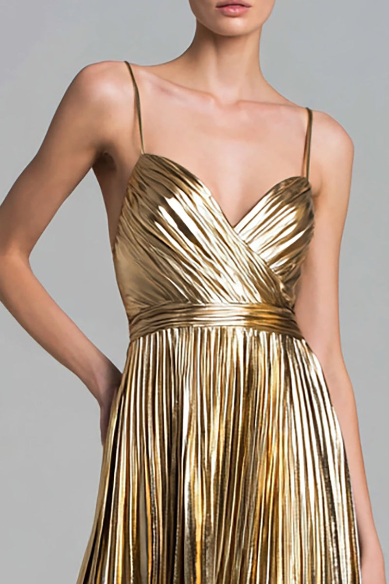 Laden Sie das Bild in den Galerie-Viewer, Glitzer Gold Metallic Plissiert A-Linie Knöchellänge Formelle Kleid