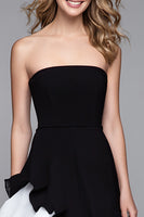 Laden Sie das Bild in den Galerie-Viewer, Schwarz und Weiß Trägerlos A-Line Rüschen Lang Formelle Kleid mit Schlitz