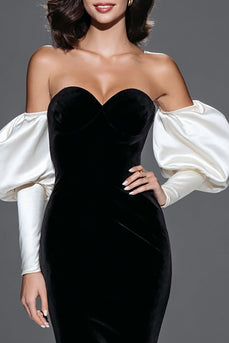 Schwarz und Weiß Meerjungfrau Herz-Ausschnitt Samt Lang Formelle Kleid mit Ärmel