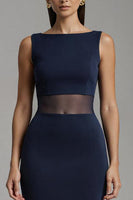 Laden Sie das Bild in den Galerie-Viewer, Einfaches Marineblau U-Boot Ausschnitt Satin Meerjungfrau Langes Formelle Kleid