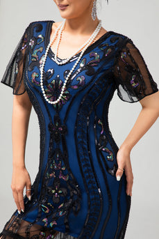 Glitzerndes Schwarz Blaues Pailletten 1920er Kleid mit Kurzen Ärmeln und Fransen