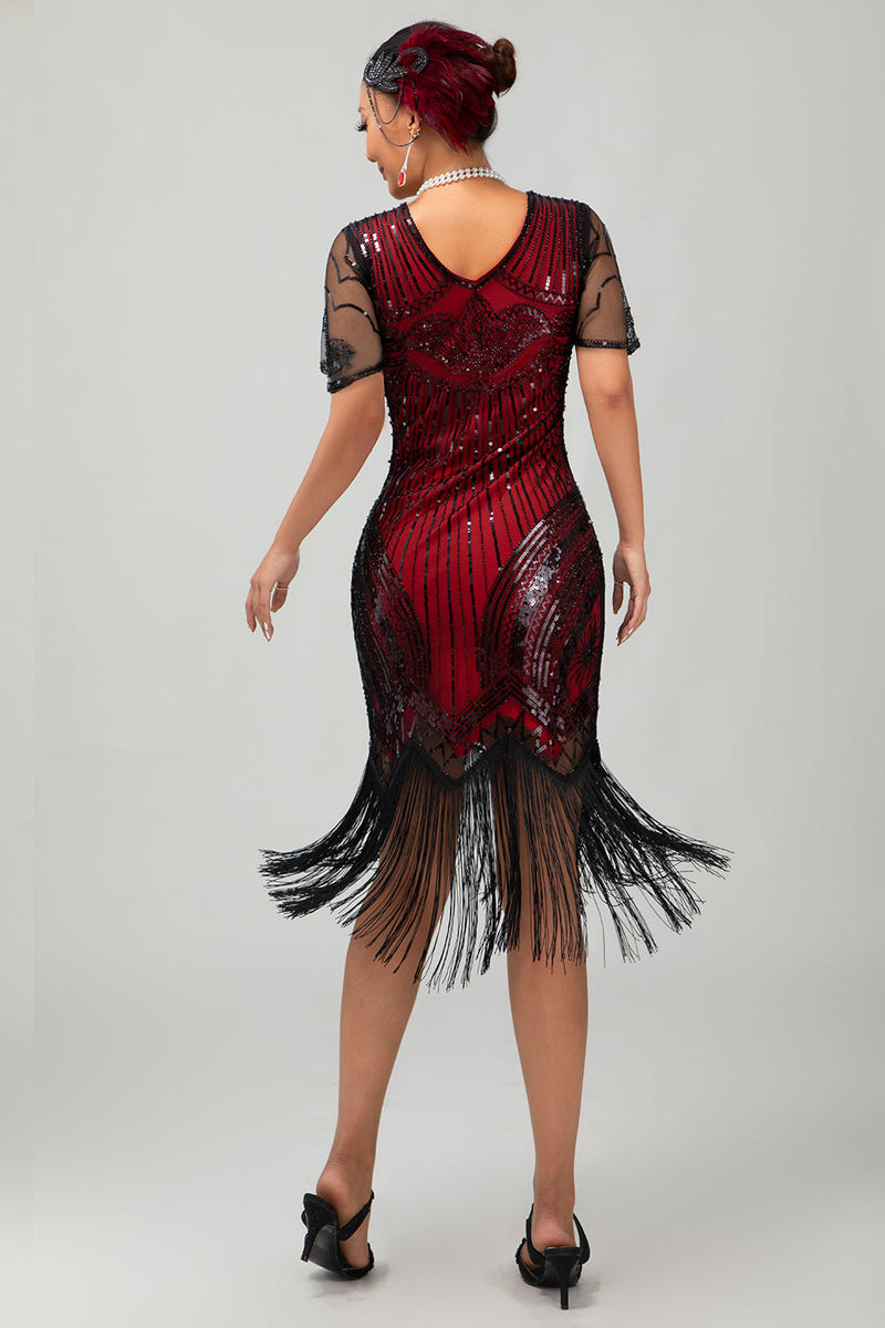 Laden Sie das Bild in den Galerie-Viewer, Glitzerndes Schwarzes Rotes Bodycon Fransen Flapper Kleid Mit Ärmeln