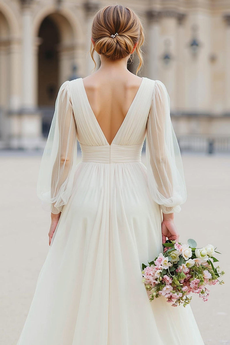 Laden Sie das Bild in den Galerie-Viewer, Weiß Tüll A Linie V-Ausschnitt Bodenlang Hochzeitskleid mit Ärmel