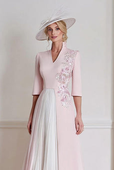 Rosa A Linie Blumen Midi Mutter der Braut Kleid mit Ärmel