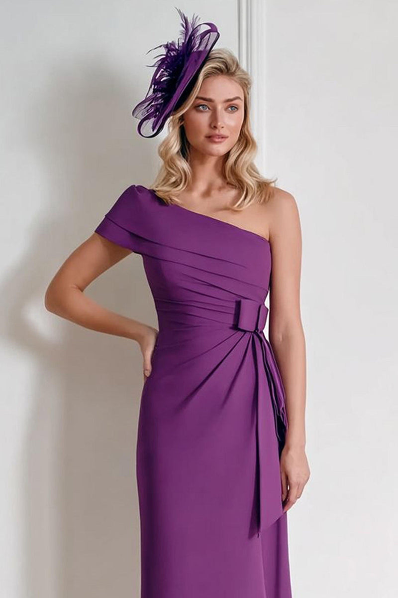 Laden Sie das Bild in den Galerie-Viewer, Traube Eine Schulter Chiffon Midi Mutter der Braut Kleid mit Bow