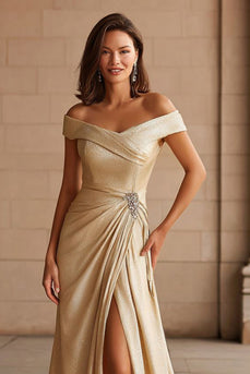 Champagne Schulterfreie Langes Brautmutterkleid mit Slit