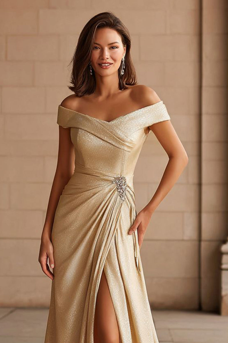 Laden Sie das Bild in den Galerie-Viewer, Champagne Schulterfreie Langes Brautmutterkleid mit Slit
