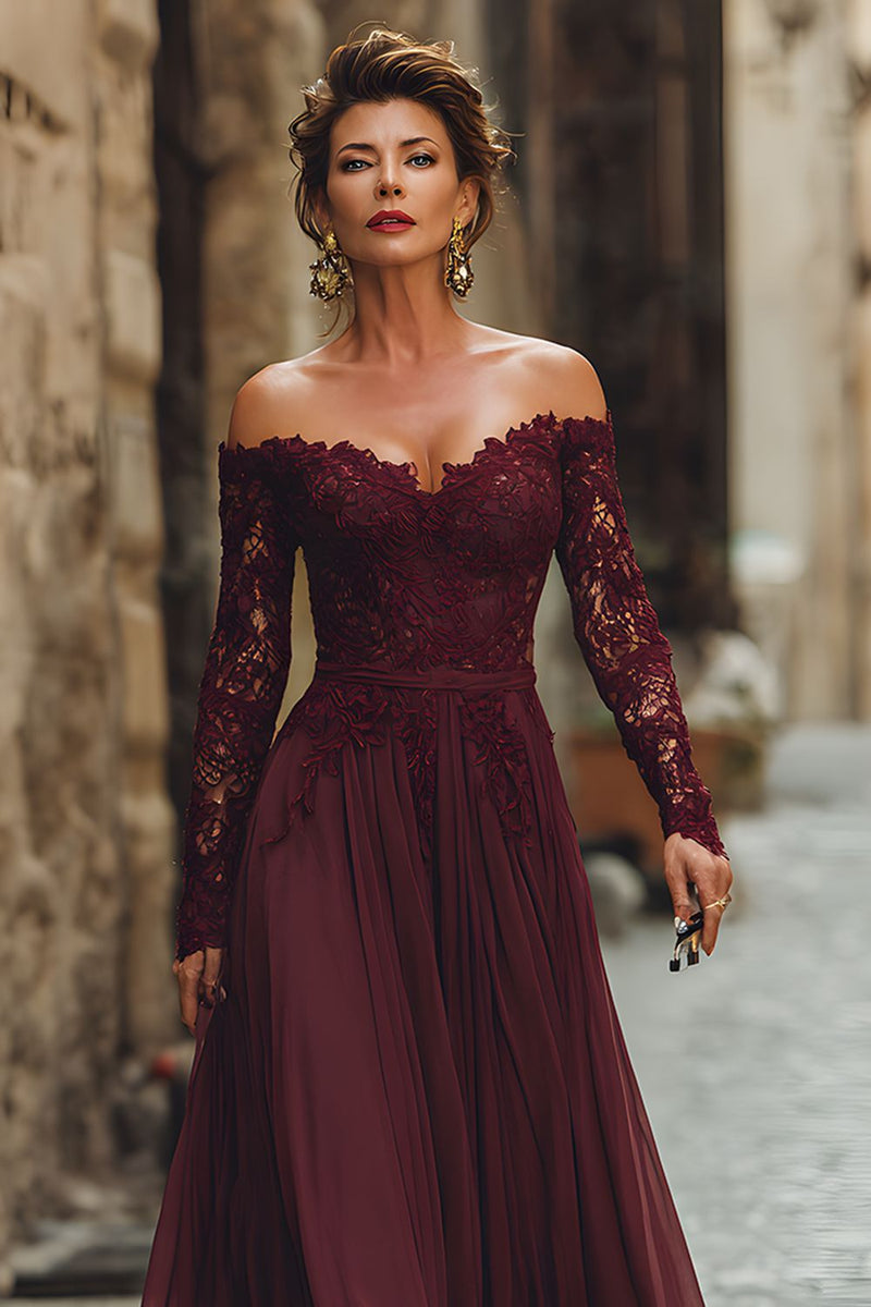 Laden Sie das Bild in den Galerie-Viewer, Cabernet A Linie Chiffon Langes Brautmutterkleid mit Spitze