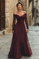 Laden Sie das Bild in den Galerie-Viewer, Cabernet A Linie Langes Chiffon Brautmutterkleid mit Ärmel