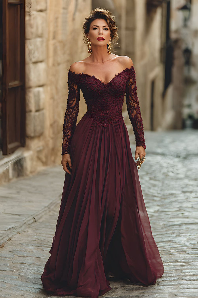Laden Sie das Bild in den Galerie-Viewer, Cabernet A Linie Langes Chiffon Brautmutterkleid mit Ärmel