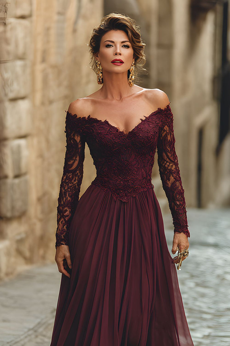 Laden Sie das Bild in den Galerie-Viewer, Cabernet A Linie Langes Chiffon Brautmutterkleid mit Ärmel