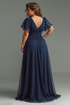 Marineblau Chiffon V-Ausschnitt Kurze Ärmel Lange Brautmutterkleid