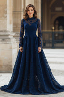 Laden Sie das Bild in den Galerie-Viewer, Marineblau Hoher Ausschnitt Spitze A-Line Lange Brautmutterkleid mit Ärmel