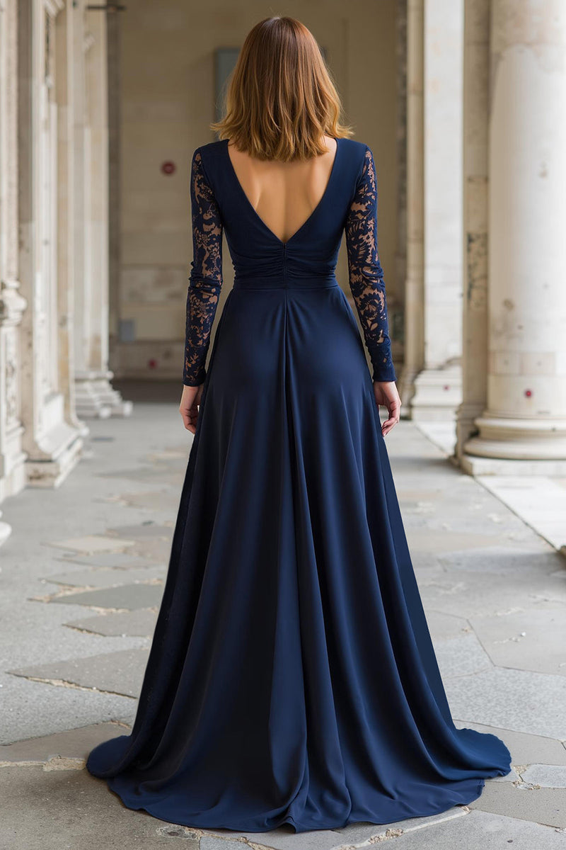 Laden Sie das Bild in den Galerie-Viewer, Marineblau Chiffon V-Ausschnitt A-Line Lange Brautmutterkleid mit Spitze