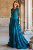 Laden Sie das Bild in den Galerie-Viewer, Pfauenblau Rundhalsausschnitt Chiffon A-Linie Lange Brautmutterkleid mit Spitze